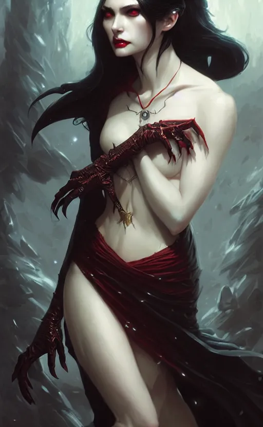 Image similar to desirable Vampire woman, fantasy, intricate, elegant, highly detailed, digital painting, artstation, concept art, matte, sharp focus, illustration, art by artgerm and Greg Rutkowski, dreadjim, zeen chin