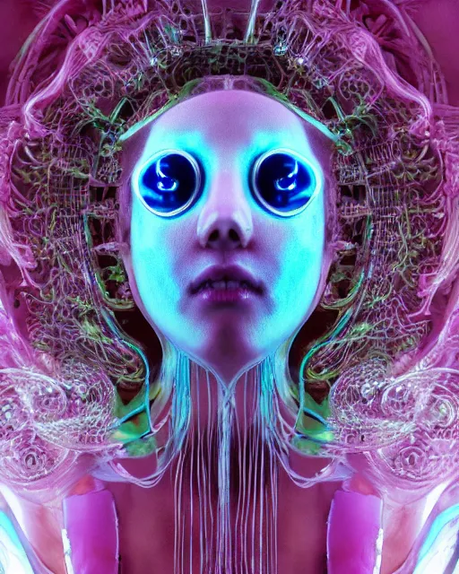 Image similar to natural light, soft focus portrait of a cyberpunk anthropomorphic jellyfish with soft synthetic pink skin, blue bioluminescent plastics, smooth shiny metal, elaborate ornate head piece, piercings, skin textures, by annie leibovitz, paul lehr