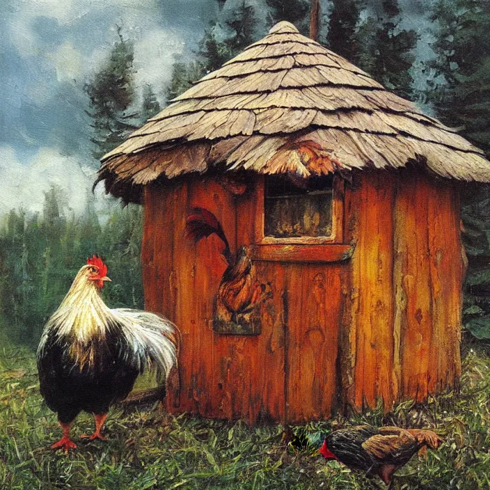 Prompt: baba yaga's chicken hut, oil painting, sharp focus, by ivan shishkin