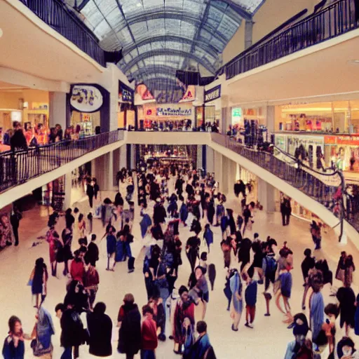 Prompt: A photograph of people in a mall, circa 1993