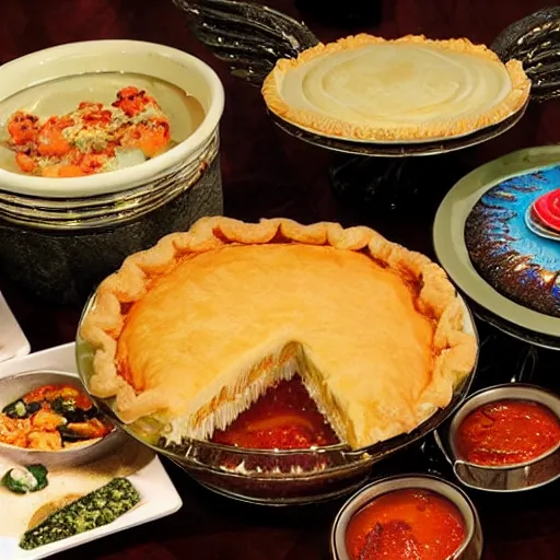 Image similar to an lavish alien buffet with the following dishes : gul dukat torte, barbecued machine elf, buffalo angel's wings, mesculine coral, nutrino goulash, and tesseract pot pie