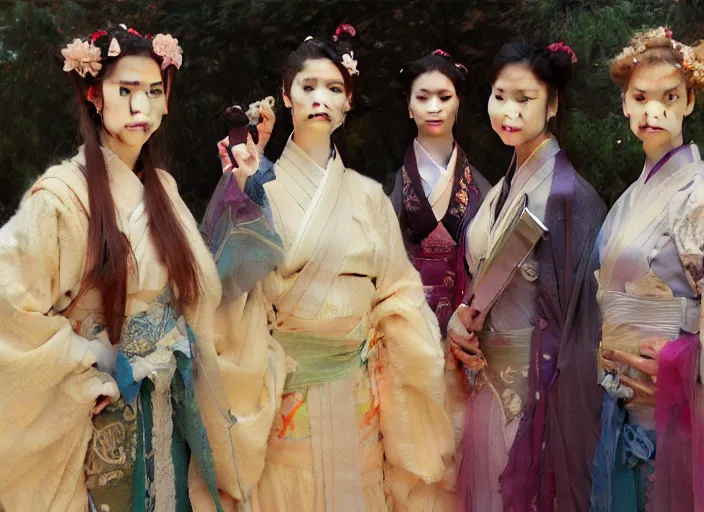 Image similar to detailed group portrait of blackpink wearing hanfu, natural light, painting by gaston bussiere, craig mullins, j. c. leyendecker