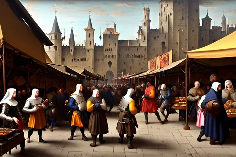 Image similar to A medieval market, between the products being sold are mobile phones, ear phones, laptops, and other devices!! Some people walking around, big depth of field, matte painting, trending on artstation, hyper detailed, sharp, baroque painting, painted by Velazquez