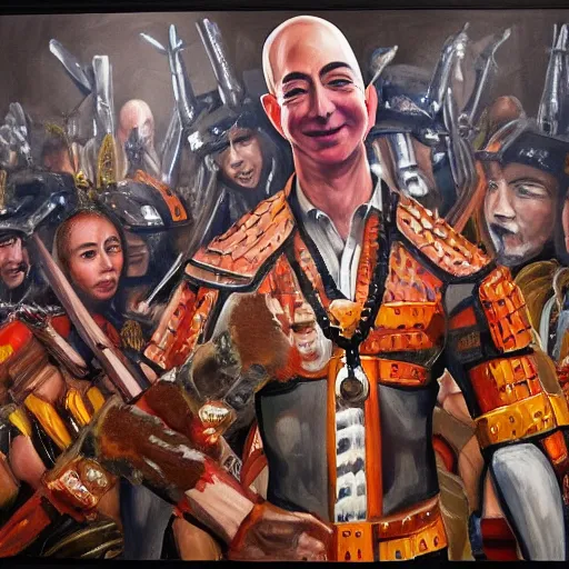 Prompt: painting of jeff bezos with amazon warriors, detailed, masterpiece