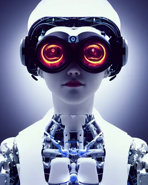 Prompt: centered portrait photo by leonardo da vinci of classical girl as a cyberpunk mecha humanoid robotic parts wearing goggles with bright lights, real human face, serpentine pose, inside white room, ultra - realistic and detailed, 8 k