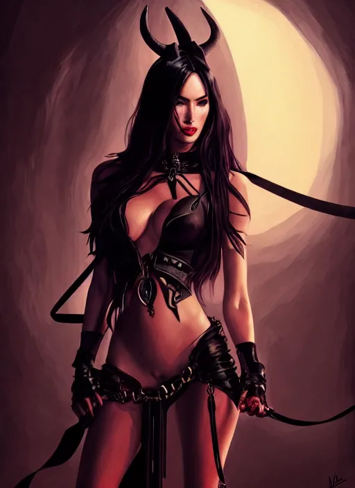 Image similar to portrait of megan fox as a evil demon with hornes, collar and leash, batwings, hell, jewelry, greek, dark, intricate, headshot, key visual, conceptart, ambient lighting, highly detailed, digital painting, artstation, concept art, sharp focus, by makoto shinkai and akihiko yoshida and greg manchess