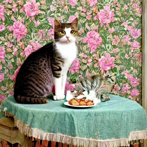 Prompt: an extremely detailed photo of a cat in 1 8 8 0 s sitting at a beautiful breakfast table, flowery wallpaper, 1 8 8 0 s style.