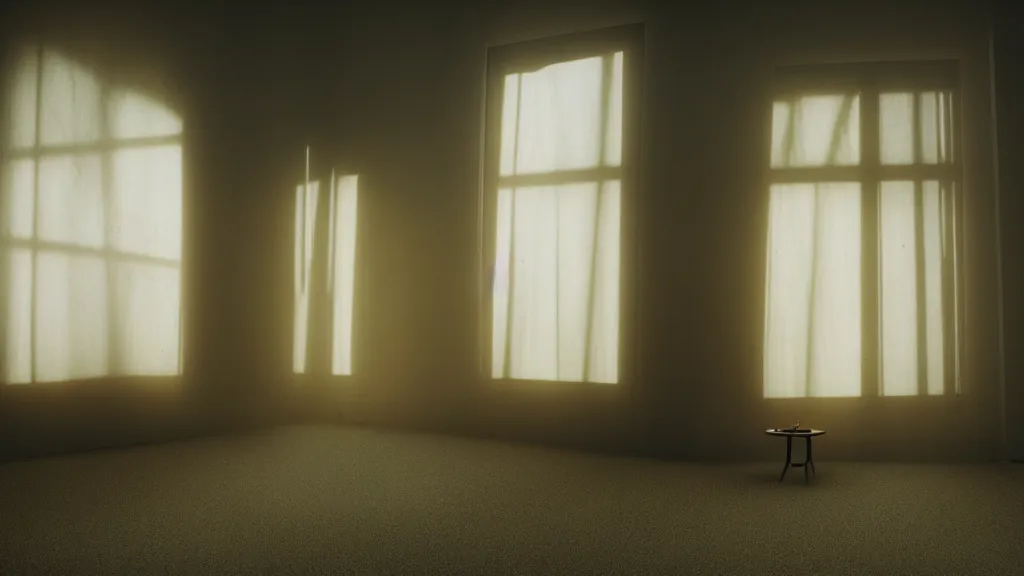 Image similar to a empty room with paintings on a wall, carpet on the floor, window with light coming through, nightstand in a corner, film still from the movie directed by Denis Villeneuve, wide lens