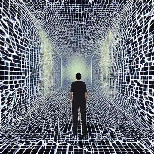 Image similar to “ man walking into a glitch portal, simulated reality, illusion ”