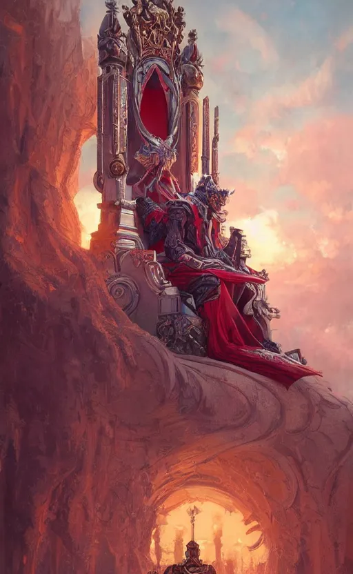 Prompt: a beautiful artwork illustration, a king sitting on his throne in a grand hall at sunset, by greg rutkowski and jesper ejsing and raymond swanland, featured on artstation, wide angle, vertical orientation