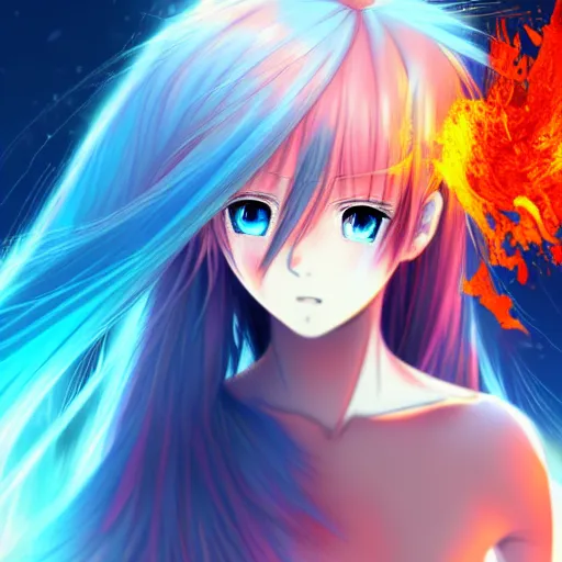Prompt: advanced digital anime art, a very cute gorgeous teenage girl with a body made of fire and ice , full body, very long snow colored hair, sky blue highlights in hair, red fiery watery eyes, wearing a dress made of water, full round face, dramatic cinematic lighting, wideshot, highly intricately detailed, glitched background, cracked screen, trending on pixiv, Artstation, painted by Rossdraws and the style of Sakimimichan