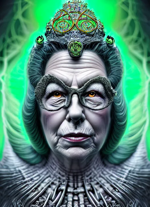 Prompt: portrait of queen elisabeth as the hulk, hyperdetailed illustration by irakli nadar and alexandre ferra, volumetric lighting, celtic fantasy art, psychedelic, intricate, hyper detailed, smooth, vibrant aura, intricate linework, white porcelain skin, faberge, coral