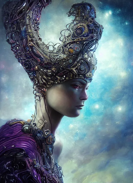 Image similar to epic portrait of menacing, agitated, anxious yet stunningly beautiful biomechanical djinn overseeing the iridescent fabric of the universe, by charlie bowater, mandy jurgens, gustav klimt, octane render, dramatic camera angle, 4k, 8k, high detail, HDR, by tom bagshaw, powerful, with inspiration from Beksinski, inspired by greek goddess Athena