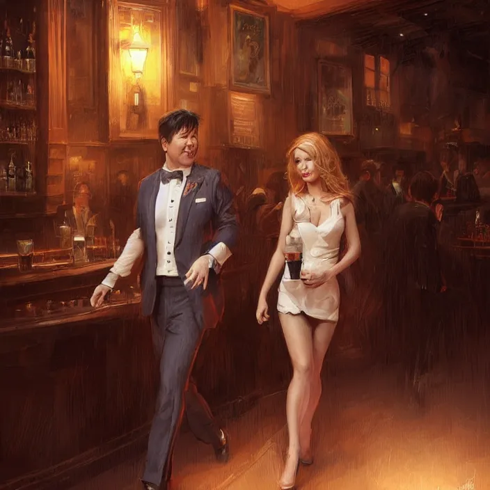 Image similar to portrait of michael mcintyre leaving a bar holding a singing waitress, elegant, real life skin, intricate artwork, high detailed, artstation, concept art, smooth, sharp focus, art by artgerm and greg rutkowski