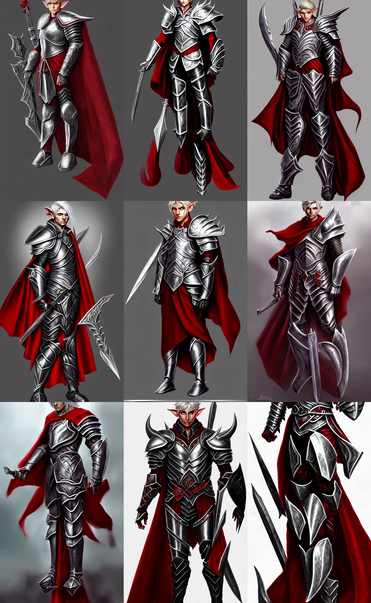 Prompt: A male elf, 20 years old, short silver hair, red eyes, wearing heavy armor and a cape, lean but muscular, attractive, command presence, royalty, weathered face, smooth, sharp focus, illustration, concept art, highly detailed, muscle definition, fantasy, ArtStation, ArtStation HQ