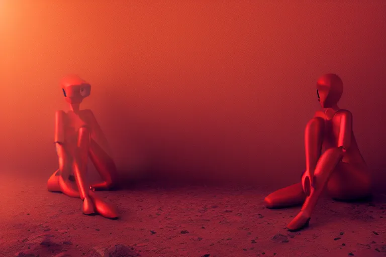 Image similar to a beautiful girl robot sitting on mars relaxing, red lighting, mist, blender render,