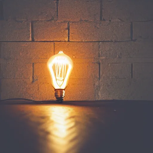 Prompt: a bright antique lightbulb on the floor lighting up a dark room with a brick floor, close up, dslr photo