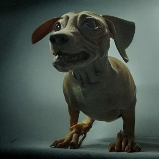 Image similar to creepy fat dachshund, practical fx horror film, body horror, cronenberg