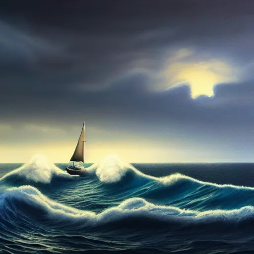 Image similar to a real photographic landscape painting with incomparable reality, super wide, ominous sky, sailing boat, wooden boat, lotus, huge waves, starry night, harry potter, volumetric lighting, clearing, realistic, art by james gurney, artstation - h 1 0 2 4