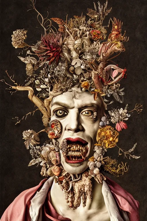 Image similar to Detailed maximalist portrait a Greek god with large white eyes and an angry face, fleshy body, botany, HD mixed media 3d collage, highly detailed and intricate, surreal illustration in the style of Caravaggio, dark art, baroque