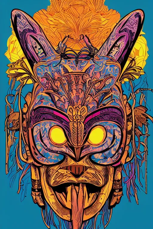 Image similar to animal mask totem roots flower tribal feather gemstone plant wood rock shaman vodoo video game vector cutout illustration vivid multicolor borderlands comics by josan gonzales and dan mumford radiating a glowing aura