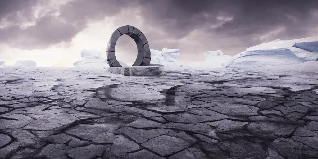 Image similar to a circular stone stargate in antarctica, intricate, octane render, photorealistic, matte painting, high definition, stormy clouds, scifi