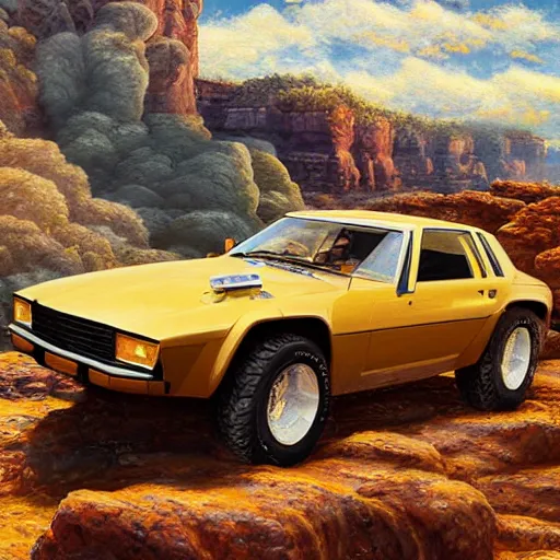 Prompt: full view of a classic supercar from 1980's with off-road tires, driving through rough terrain in a canyon, intricate, elegant, highly detailed, digital oil painting, concept art, smooth, sharp focus, art style from Bruce Kaiser and Scott Robertson and Dmitry Mazurkevich and Doruk Erdem and Jon Sibal