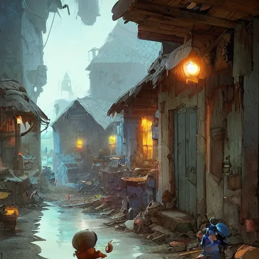 Prompt: smurf village as slums, greg rutkowski, detailed,