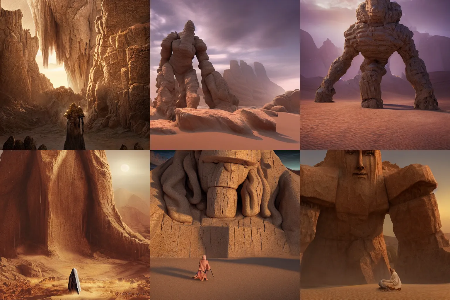 Prompt: desert, oasis, fantasy, giant stone golem, Lord of the rings, cinematic, realistic style, beautiful, majestic, dramatic lighting, early morning, dawn CGsociety, realistic, hyper maximalist, golden ratio, octane render, rule of thirds, wide shot , 8k resolution, epic volumetric light, cinematography, concept art, Artstation trending, environments, fantasy