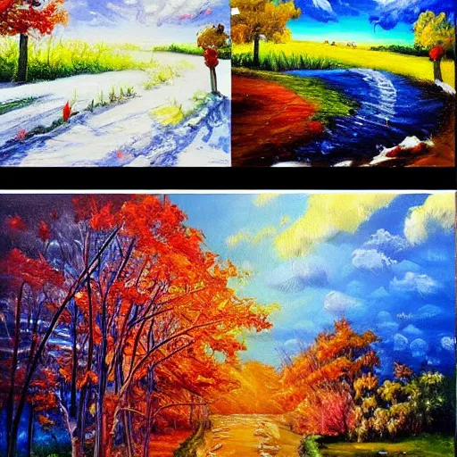 Prompt: painting depicting all four season in one painting, summer, winter, spring, autumn, concept art, artstation, detailed, impressionism, oil on canvas, knife painting, messy,