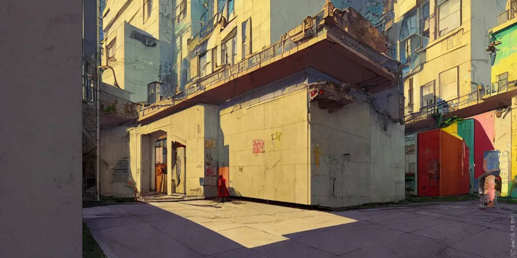 Image similar to neo brutralism, concrete housing, an archway, concept art, colorful, vivid colors, sunshine, light, shadows, reflections, oilpainting, cinematic, 3D, in the style of Akihiko Yoshida and Edward Hopper