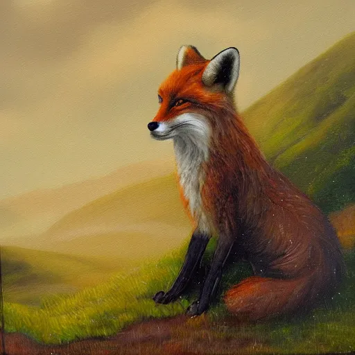 Image similar to oil painting of an anthropomorphic fox in a robe overlooking a village in the moor, dramatic lighting, overcast weather, highlands, fox in a robe