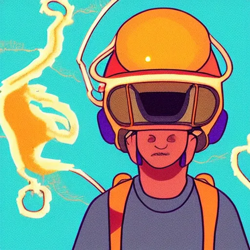 Image similar to “in the style of Moebius and ghostshrimp a young mixed race male explorer wearing a futuristic helmet, highly detailed, adventure time colour palette”