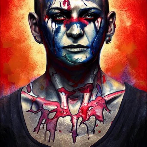 Image similar to Bright, colorful, realistic Serial killer rpg single individual full body and head shot gore covered with scars and tattoos screaming, backlighting, kodachrome, high contrast, highly detailed, sharp focus, digital painting, concept art, illustration, trending on artstation, comic book by Alex Ross cover art