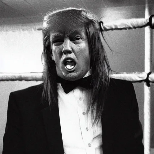 Image similar to donald trump emo cage fighter, 1 9 8 5 wrestlemania