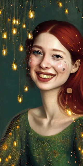 Image similar to a totally enraptured smiling young woman surrounded by golden firefly lights in a mesmerizing scene, sitting amidst nature fully covered, intricate detailed dress, long loose red hair, precise linework, accurate green eyes, small nose with freckles, smooth oval head, expressive emotions, hyper realistic ultrafine portrait by artemisia gentileschi, jessica rossier, artgerm