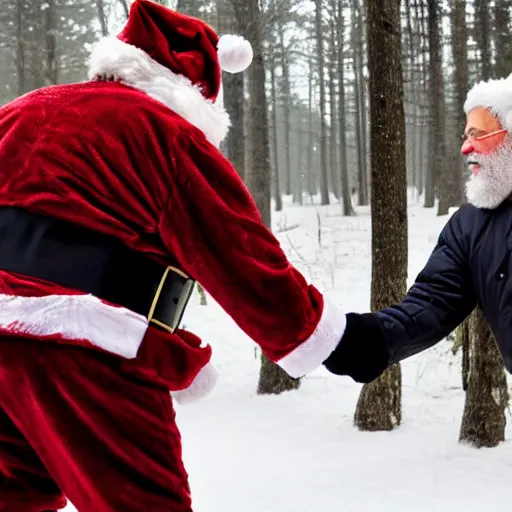 Image similar to Santa Claus shaking hands with Jeffery Epstein in a snowy forest, 8k, depth of field,
