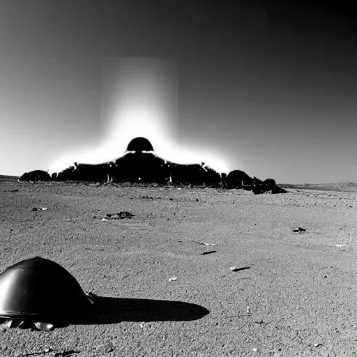 Image similar to crashed shattered burning UFO broken flying saucer in pieces strewn across a rocky desert, with a sad Roswell grey alien trying to repair his destroyed shattered spacecraft in the desert, crashed smoking UFO on fire, crashed bent and broken Flying Saucer in flames, dusk, Nikon photo