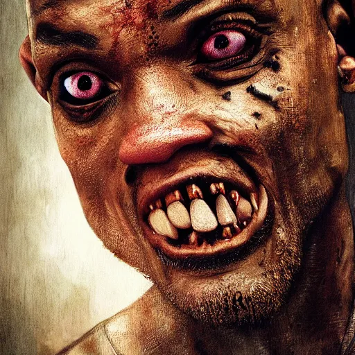 Prompt: a zombie Will Smith, by WLOP, horror, wounds, bloody, dark fantasy, trending on artstation