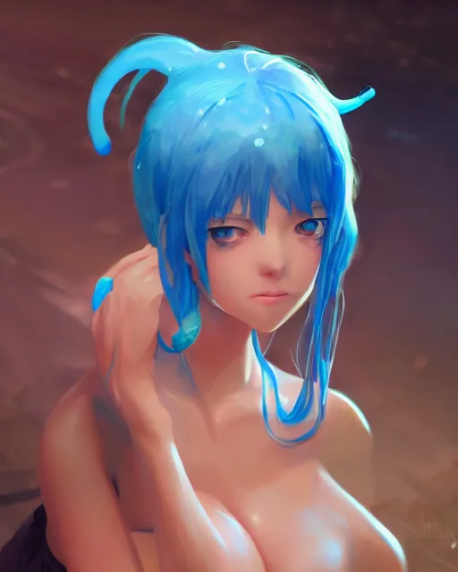 Prompt: a blue slime monster girl, full shot, atmospheric lighting, detailed face, by makoto shinkai, stanley artgerm lau, wlop, rossdraws