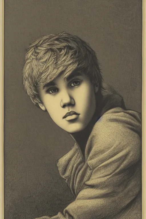 Prompt: portrait of Justin Bieber, Gustave Dore lithography