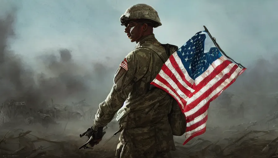 Image similar to Soldier holding the American flag in his hands on a war-torn field, hyperdetailed, artstation, cgsociety, 8k