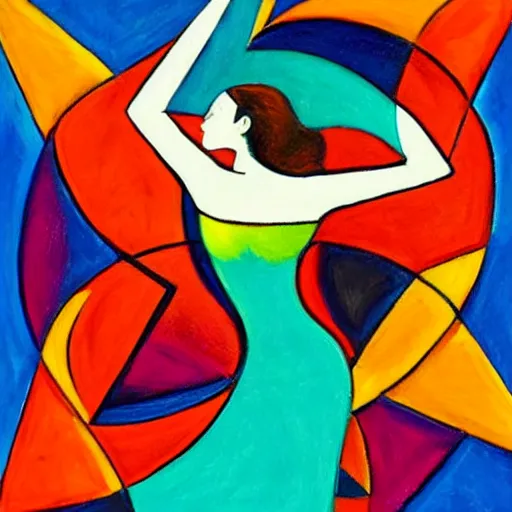 Prompt: woman dancing with a triquetra by the ocean while the waves crash on the seashore, high quality art in the style of cubism and geogia o keefe