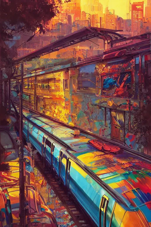 Image similar to trains covered in dripping colorful graffiti paint, painterly, james jean, yoshitaka amano, hiroshi yoshida, moebius, loish, artgerm, painterly, symmetrical, ultra detailed, hyper realistic, illustration, sunset lighting