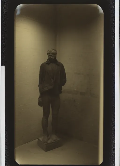 Image similar to an android with an adult male human looking face is the thinker by auguste rodin, polaroid, flash photography, photo taken in a back storage room where you can see empty shelves in the background,