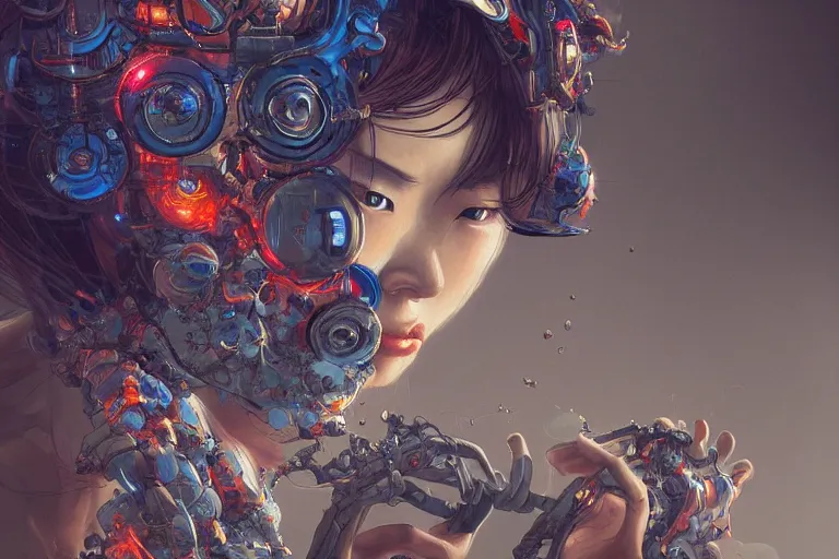 Image similar to hyperrealistic photography of a machine entering a female host in the style of Jin Kagetsu, James Jean and wlop, highly detailed, sharp focus, vivid colors, intricate concept art, digital painting, ambient lighting, 4k, artstation