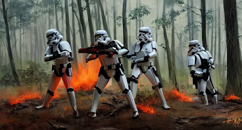 Prompt: stormtroopers shooting red blaster bolts at a young blonde jedi with short hair in a burned lifeless forest with burned trees and plants concept art by Doug Chiang cinematic, realistic painting, high definition, digital art, symmetrical, very detailed, extremely high detail, photo realistic, concept art, unreal engine 5, the Mandalorian concept art style