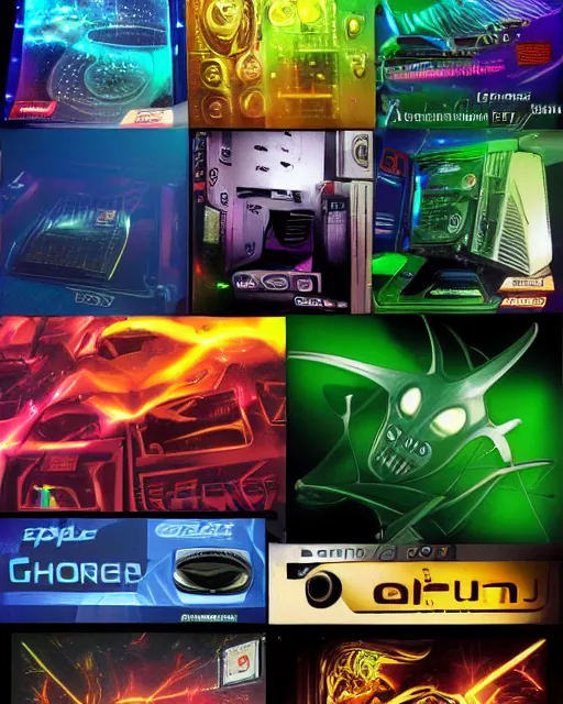 Image similar to Various graphics card box art late 90s early 2000s graphics card boxes box art 90s 2000s y2k futuristic cheesy metallic alien cgi motion blur voodoo graphics cyborg pc gaming liquid silver millennium nvidia ati elsa hercules prophet