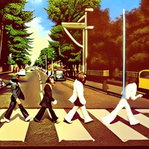 Prompt: abbey road as the beatles, oil painting by justin gerard, deviantart