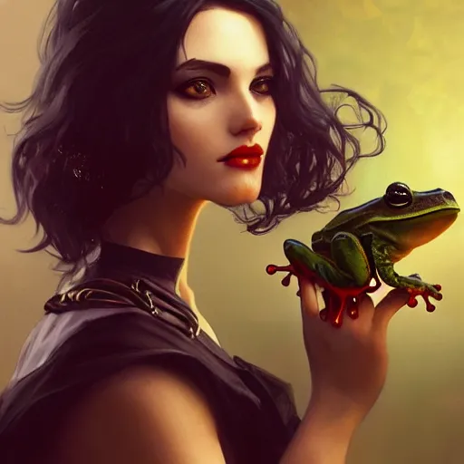 Image similar to attractive goth woman with a frog, intricate, highly detailed, digital painting, artstation, concept art, smooth, sharp focus, illustration, unreal engine 5, 8 k, art by artgerm and greg rutkowski and alphonse mucha